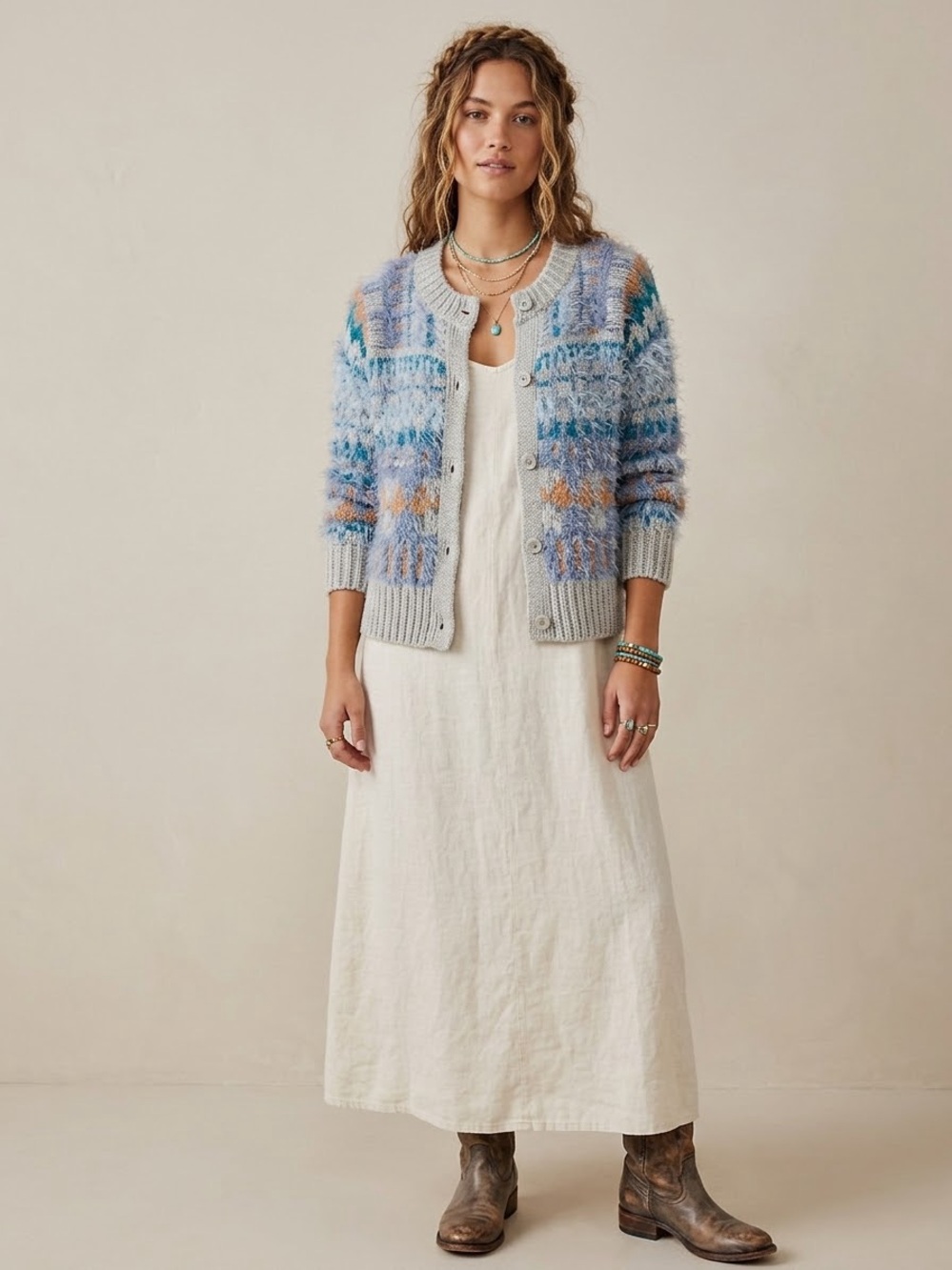 Free People Nordic Parti Eyelash Cardigan Sweater Fuzzy Fair Isle Boho Blue Gray